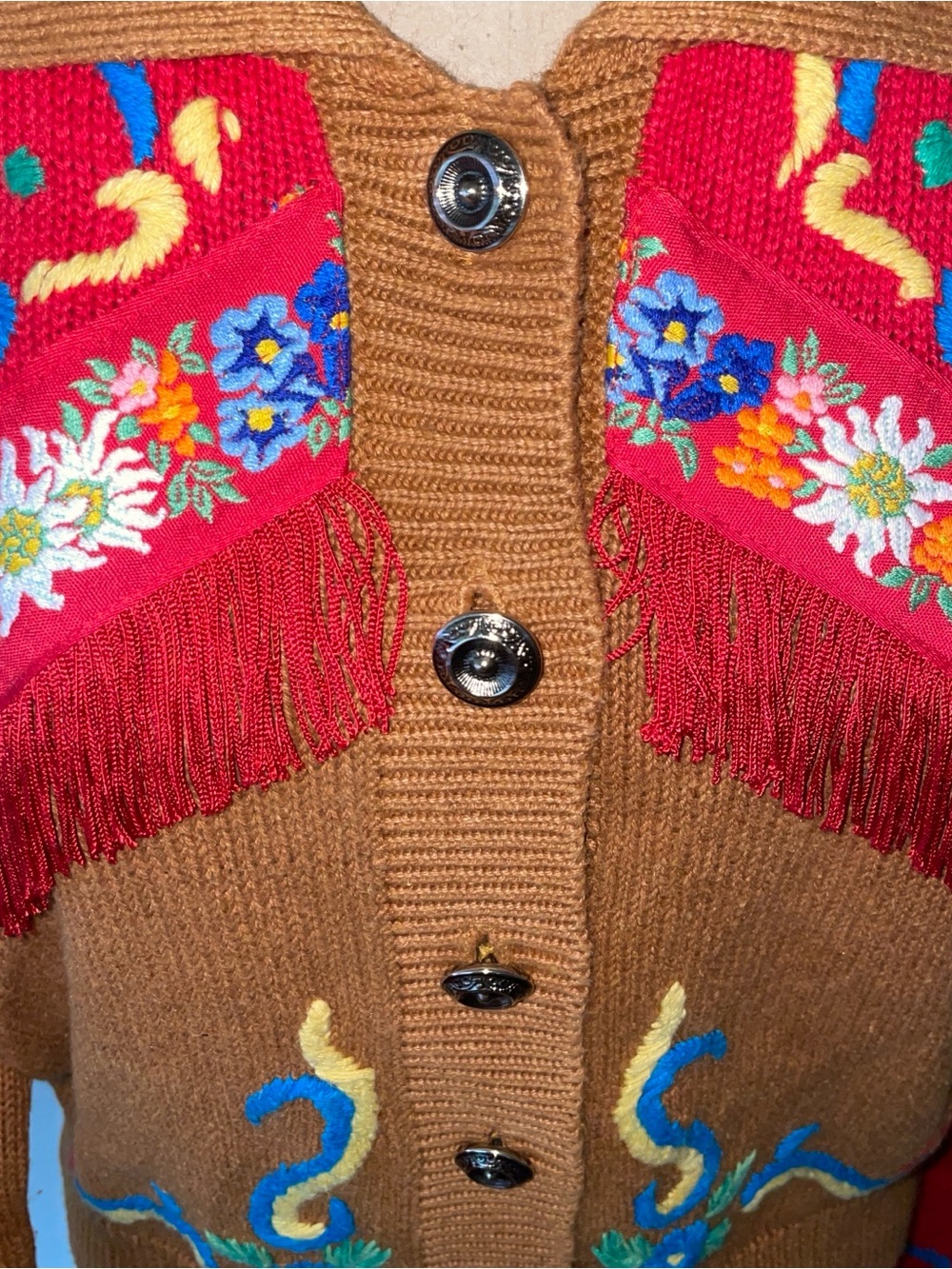 Embroidered Brown & Red‎ Fringe Button-Up Cardigan - Picture 3 of 10